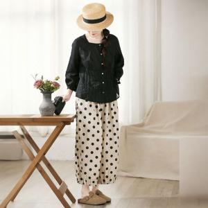 Lace Collar Ramie Pleated Swiss Dot Blouse