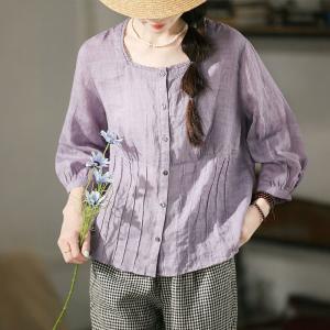 Lace Collar Ramie Pleated Swiss Dot Blouse