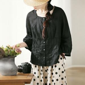 Lace Collar Ramie Pleated Swiss Dot Blouse