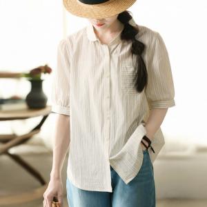 Short Sleeves Cotton Striped Ladies Shirt