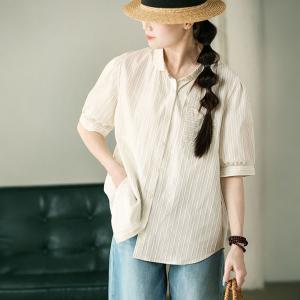 Short Sleeves Cotton Striped Ladies Shirt