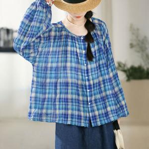 Loose Cotton Blue Gingham Blouse for Women