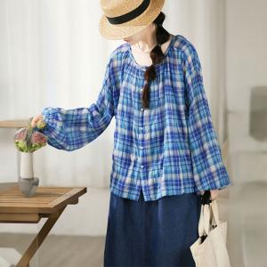 Loose Cotton Blue Gingham Blouse for Women