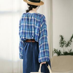 Loose Cotton Blue Gingham Blouse for Women