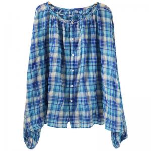 Loose Cotton Blue Gingham Blouse for Women