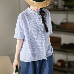 Blue Pinstriped Short Sleeves Ruffled Shirt