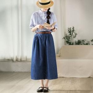 Blue Pinstriped Short Sleeves Ruffled Shirt