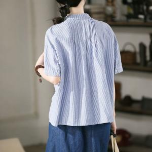 Blue Pinstriped Short Sleeves Ruffled Shirt