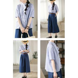 Blue Pinstriped Short Sleeves Ruffled Shirt