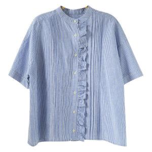 Blue Pinstriped Short Sleeves Ruffled Shirt