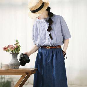 Blue Pinstriped Short Sleeves Ruffled Shirt