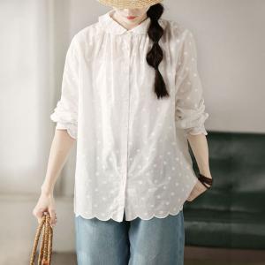 Scallop Collar Long Sleeves White Swiss Dot Blouse