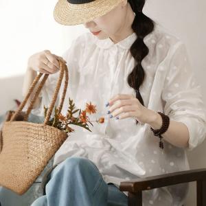 Scallop Collar Long Sleeves White Swiss Dot Blouse