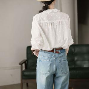 Scallop Collar Long Sleeves White Swiss Dot Blouse