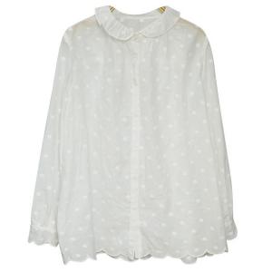 Scallop Collar Long Sleeves White Swiss Dot Blouse