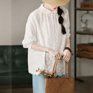 Scallop Collar Long Sleeves White Swiss Dot Blouse