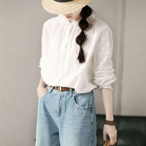 Scallop Collar Long Sleeves White Swiss Dot Blouse