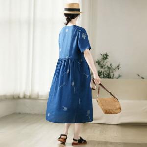 Dandelion Embroidery Blue Ramie Loose Dress