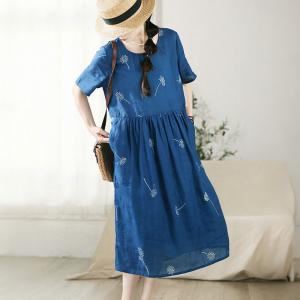 Dandelion Embroidery Blue Ramie Loose Dress