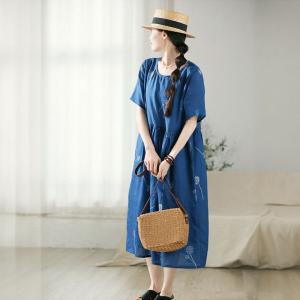 Dandelion Embroidery Blue Ramie Loose Dress