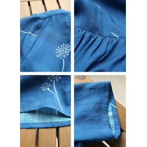 Dandelion Embroidery Blue Ramie Loose Dress