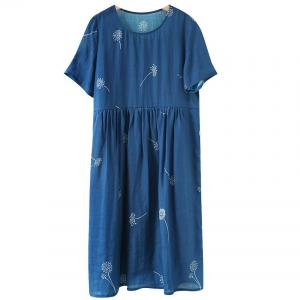 Dandelion Embroidery Blue Ramie Loose Dress