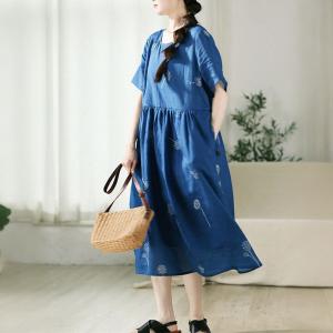 Dandelion Embroidery Blue Ramie Loose Dress