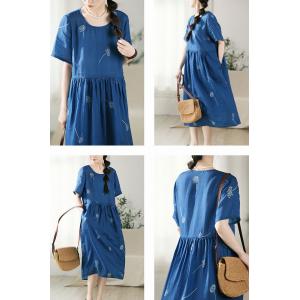 Dandelion Embroidery Blue Ramie Loose Dress
