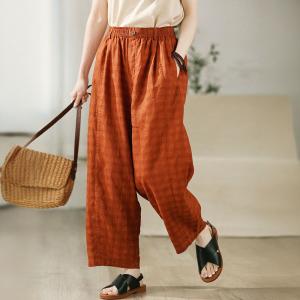 High Rise Orange Gingham Linen Wide Leg Pants