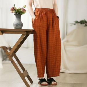 High Rise Orange Gingham Linen Wide Leg Pants