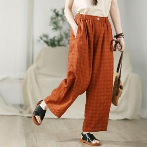 High Rise Orange Gingham Linen Wide Leg Pants