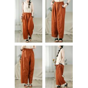 High Rise Orange Gingham Linen Wide Leg Pants