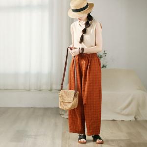 High Rise Orange Gingham Linen Wide Leg Pants