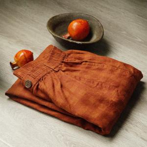 High Rise Orange Gingham Linen Wide Leg Pants