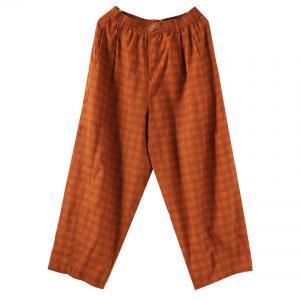 High Rise Orange Gingham Linen Wide Leg Pants