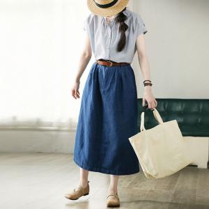 Cotton Linen Blue High Rise Jean Skirt