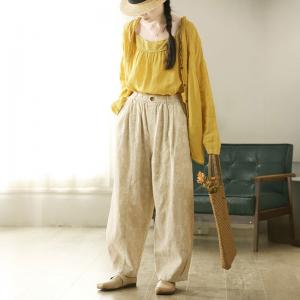 High Waist Loose Cotton Linen Barrel Pants