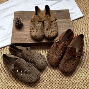 Hollow Out Cowhide Buckle Vintage Flats