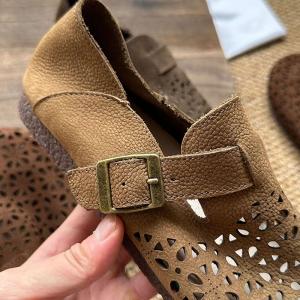 Hollow Out Cowhide Buckle Vintage Flats