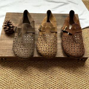 Hollow Out Cowhide Buckle Vintage Flats