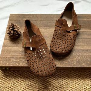 Hollow Out Cowhide Buckle Vintage Flats
