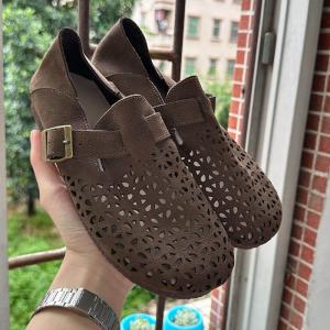 Hollow Out Cowhide Buckle Vintage Flats