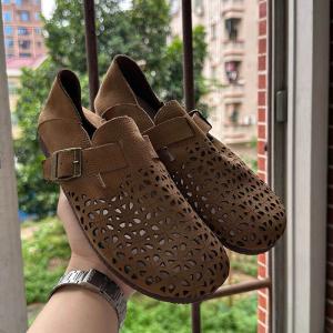 Hollow Out Cowhide Buckle Vintage Flats