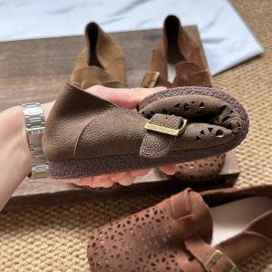 Hollow Out Cowhide Buckle Vintage Flats
