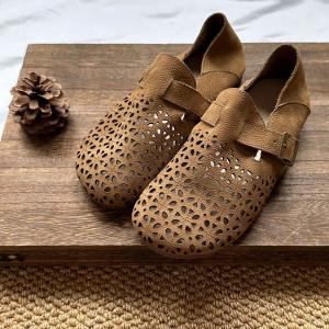 Hollow Out Cowhide Buckle Vintage Flats
