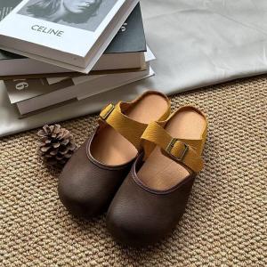 Contrast Color Round Toe Leather Slide Flats