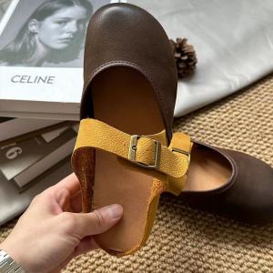 Contrast Color Round Toe Leather Slide Flats