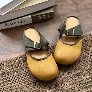 Contrast Color Round Toe Leather Slide Flats
