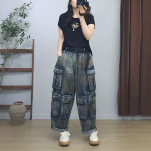 Hippie Style Womens Baggy Denim Cargo Pants
