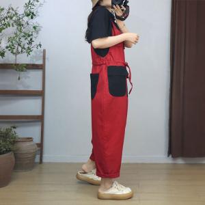 Two Front Pockets Tied Waist Jean Overalls